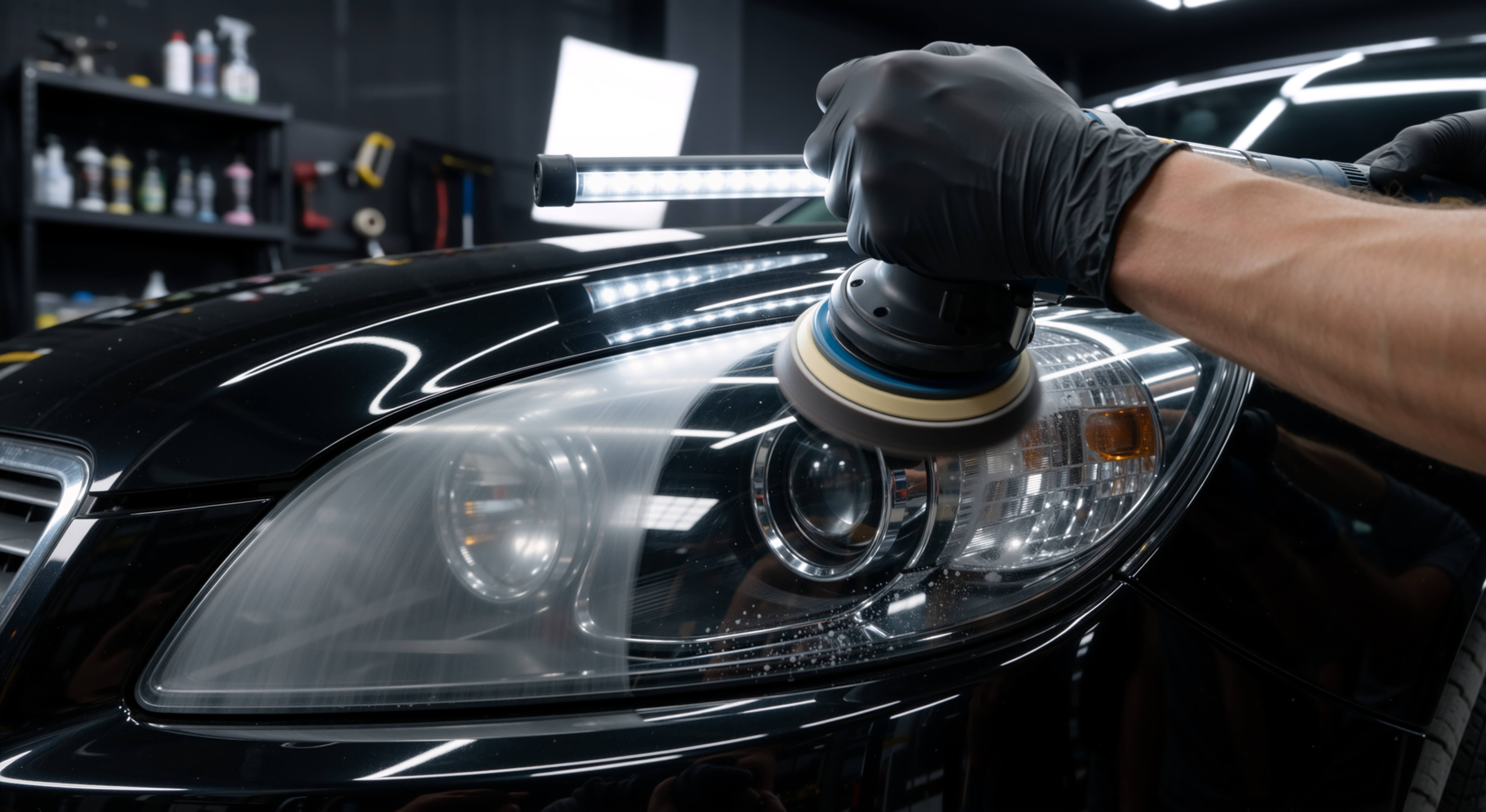 Headlight being polished clear at Metropolitan Detail